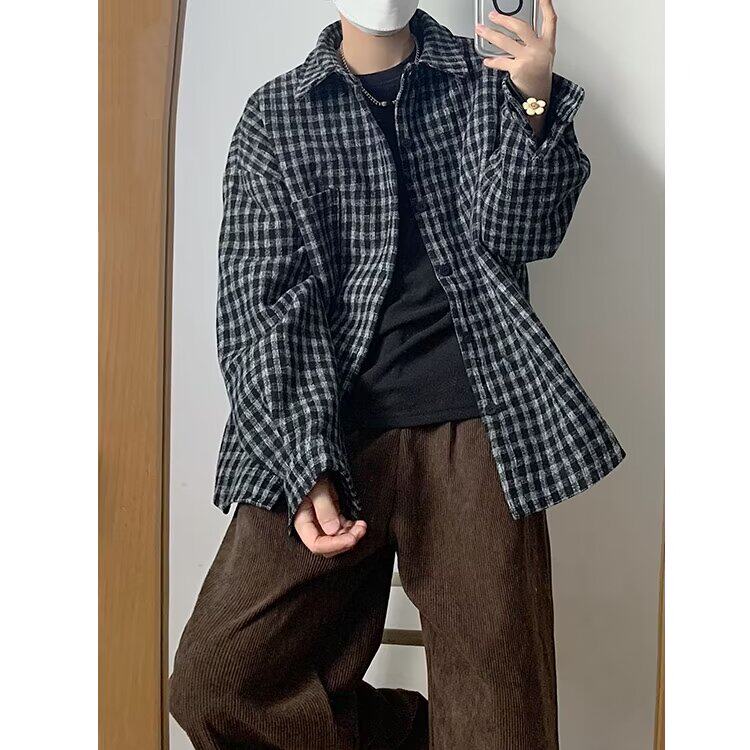 J20-P45日系复古cityboy棕色格子长袖衬衫男小众高级感，男装衬衫，电商B323A