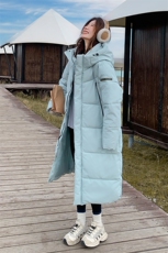 韩版保暖长款蓝色连帽棉服女2025年冬季新款显瘦加厚过膝棉衣棉袄，女装棉衣/棉服，2D148