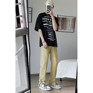 星星刺绣牛仔裤男美式高街拉链开叉直筒牛仔裤1001-1-CN1711-P50图片
