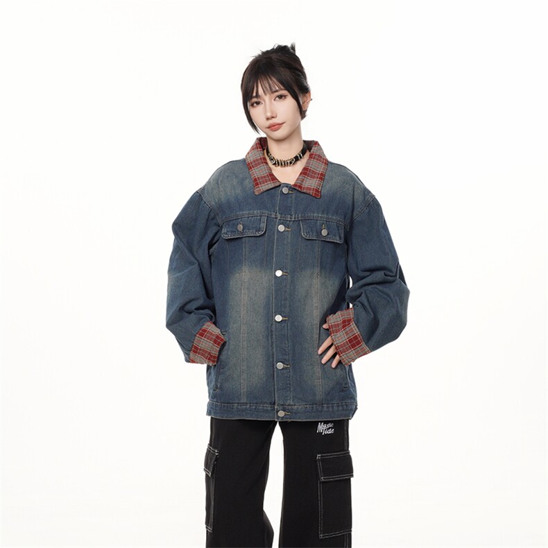 格子拼接牛仔外套男女翻领cleanfit休闲水洗夹克情侣上衣J633-p75,男装夹克,星座1008