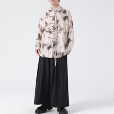 C8607P65无影墻竹子水墨印花盘扣新中式风唐装汉服衬衫，男装衬衫，电商A026