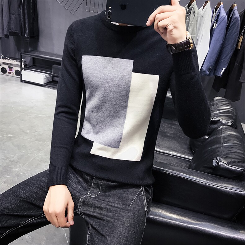 C301-M1001#秋冬季新款高品质圆领方块撞色毛衣修身男P58,男装针织衫/毛衣,电商C301