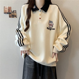 5617-P40潮牌宽松刺绣小狗polo领百搭情侣条纹卫衣图片