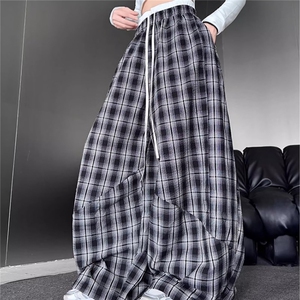 慵懒风格子休闲裤女2025夏季高腰宽松直筒裤小个子蕾丝抽绳阔腿裤图片