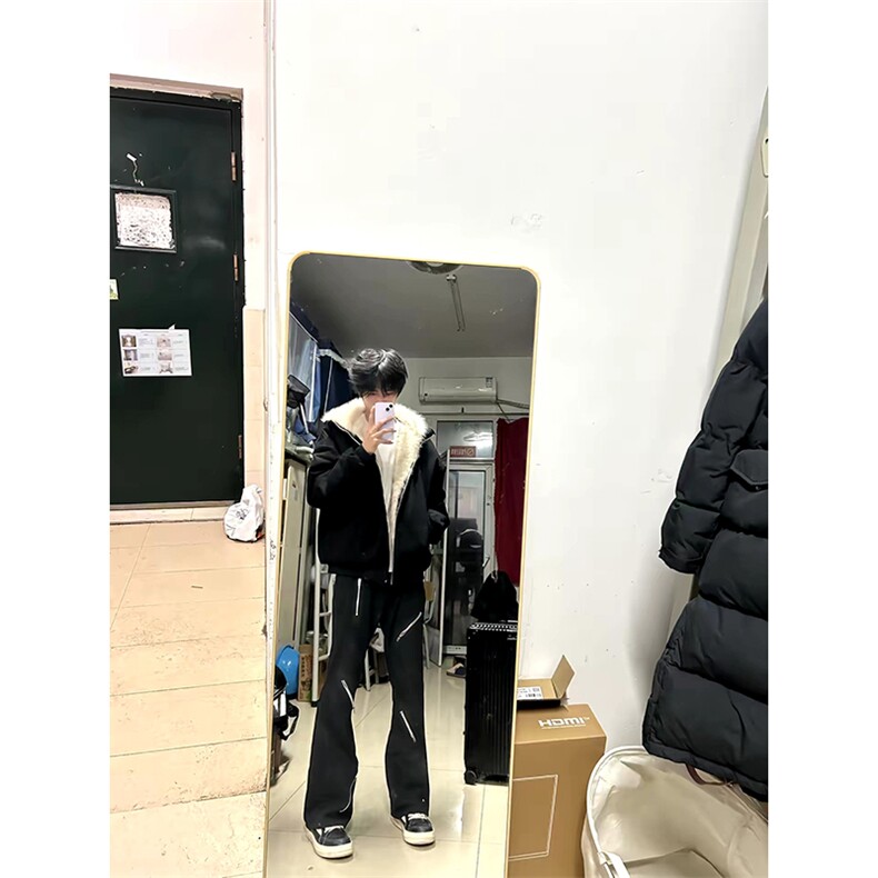 现货重磅硬挺boxy羽绒棉衣座山雕猫耳大毛毛领麂皮棉服冬外套,男装棉衣,电商A443