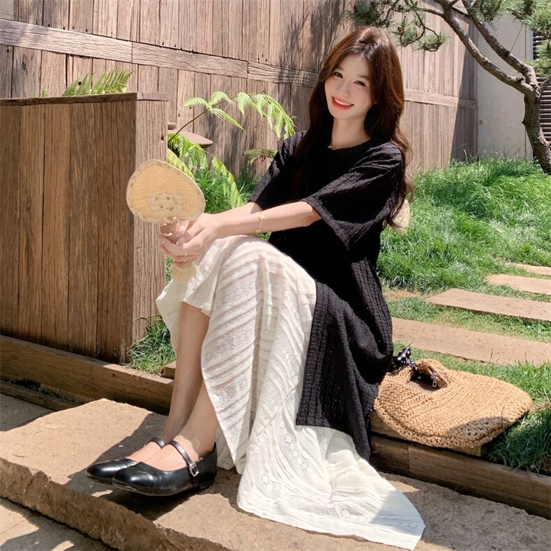 黑色不规则针织罩衫套装裙女2025夏季法式设计感时尚半身裙两件套,女装套装/套裙,2C113