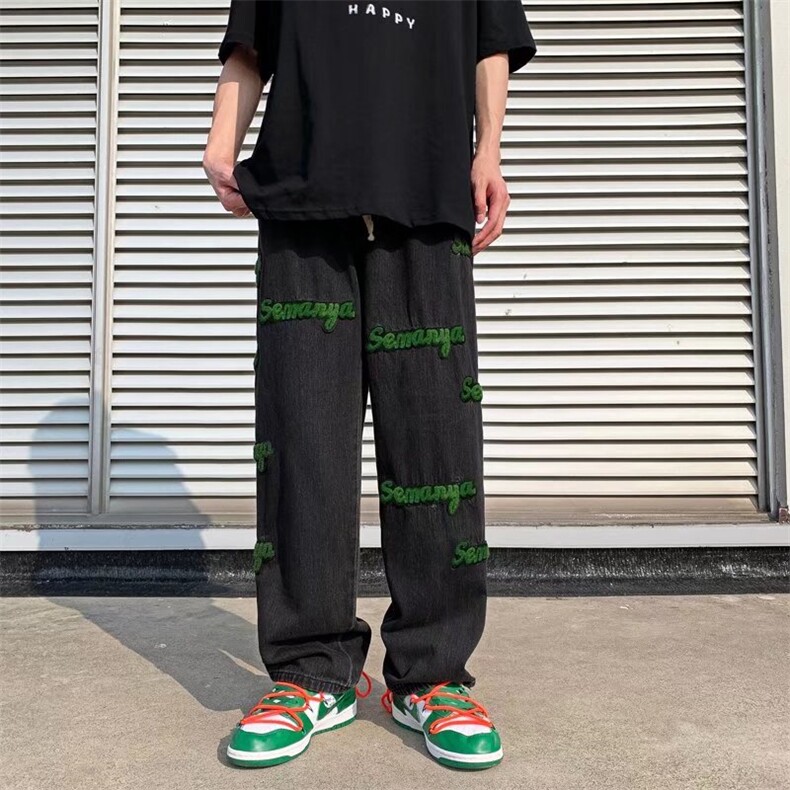 毛巾绣牛仔裤男春季ins潮牌高街直筒阔腿vibe长裤子N7101P50,男装牛仔裤,星座1116-2