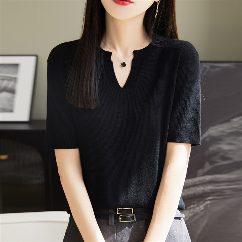 夏季新款V领针织短袖T恤女通勤简约修身气质高级半袖百搭打底上衣图片