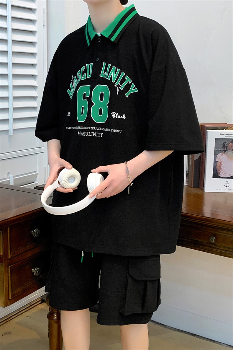 夏装青少年潮牌运动短裤T恤印花翻领半袖套装男女6630-P65控价88,男装T恤,电商A441-1
