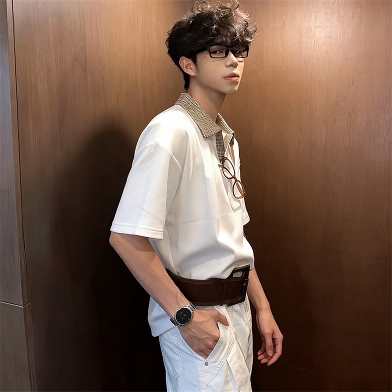 得物抖音高品质二开夏季美式潮牌假两件格子衬衫翻领高街短袖T恤,男装T恤,电商A486