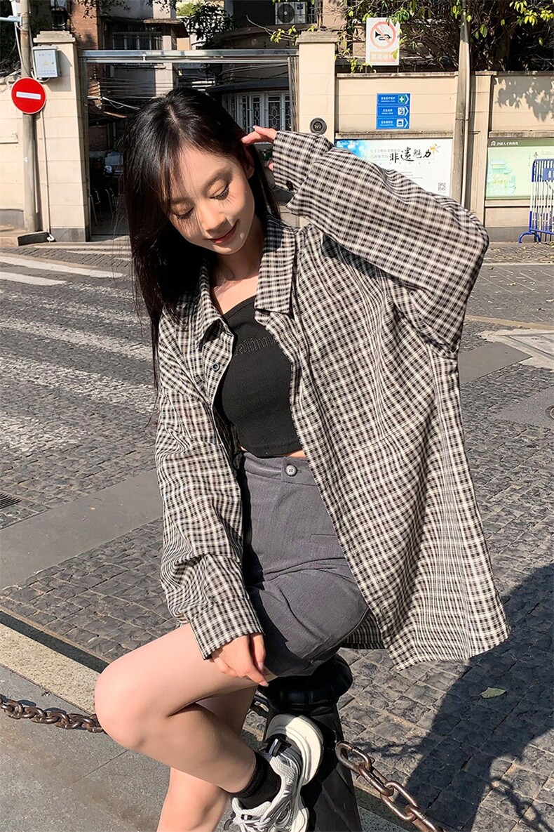特批P32无差价2025春港风格子长袖衬衫中性风宽松翻领衬衣男C5452,男装衬衫,电商A001