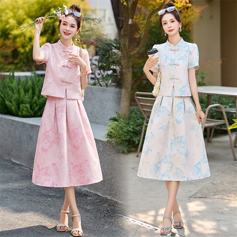 设计感绝美独特女2025夏新中式设计感显瘦外套时尚百褶裙两件，女装连衣裙，罗得堡