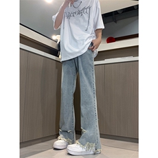 现货黄泥美式vibe裤高街黑色破洞微喇直筒毛边牛仔裤男K890-P55，男装牛仔裤，星座205