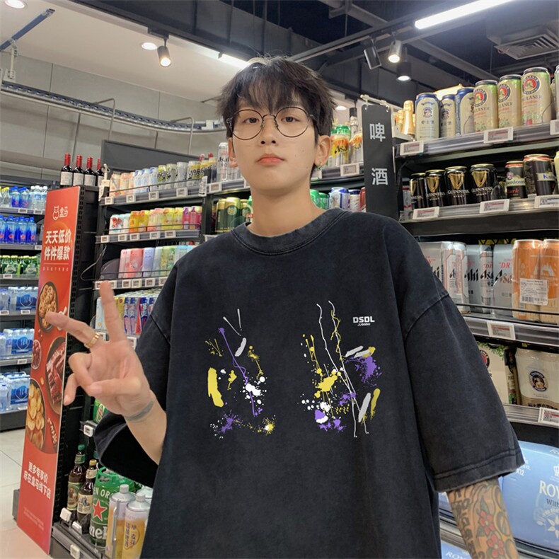 量大优供视频240g重磅美式炒雪花水洗做旧短袖t恤STX529-特P25,男装T恤,电商B371