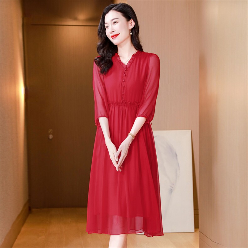 高端真丝连衣裙女夏季2025新款气质V领女神范高腰显瘦桑蚕丝裙子,女装连衣裙,阿舍尔精品