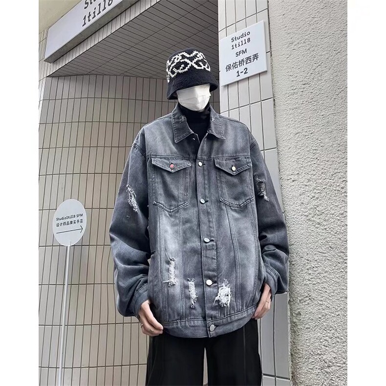 美式复古破洞牛仔外套男春秋季vibe潮牌翻领夹克宽松痞帅工装上衣,男装夹克,星座601-2