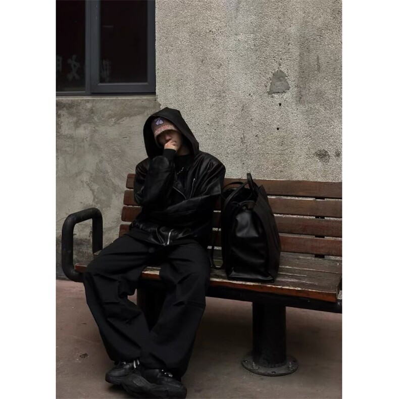 欧美嘻哈街头拉链解构连帽皮衣外套男小众HT97-P65图片