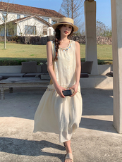 2025夏季法式气质显瘦无袖连衣裙减龄宽松重工贝壳亮片拼接背心裙，女装连衣裙，浙宝128A