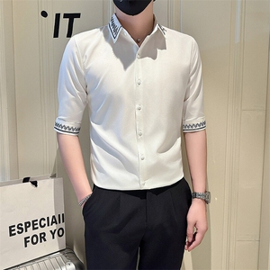 店主风社会小伙男绣花七分袖衬衫男潮流休闲衬衣301A-1/CS567/P55图片