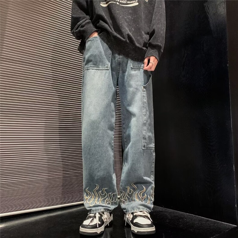 美式高街牛仔裤男韩版潮火焰刺绣个性2023秋冬ins长裤RK1042-P47,男装牛仔裤,星座412-3