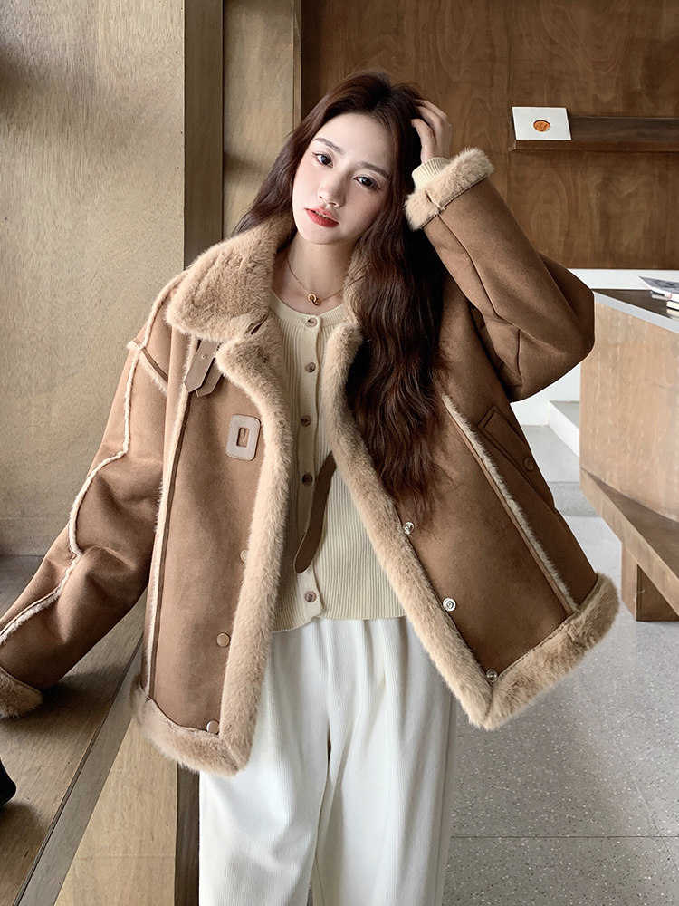 美拉德皮毛一体麂皮绒上衣女冬加厚羊羔毛外套,女装羊羔毛/颗粒绒,2B109