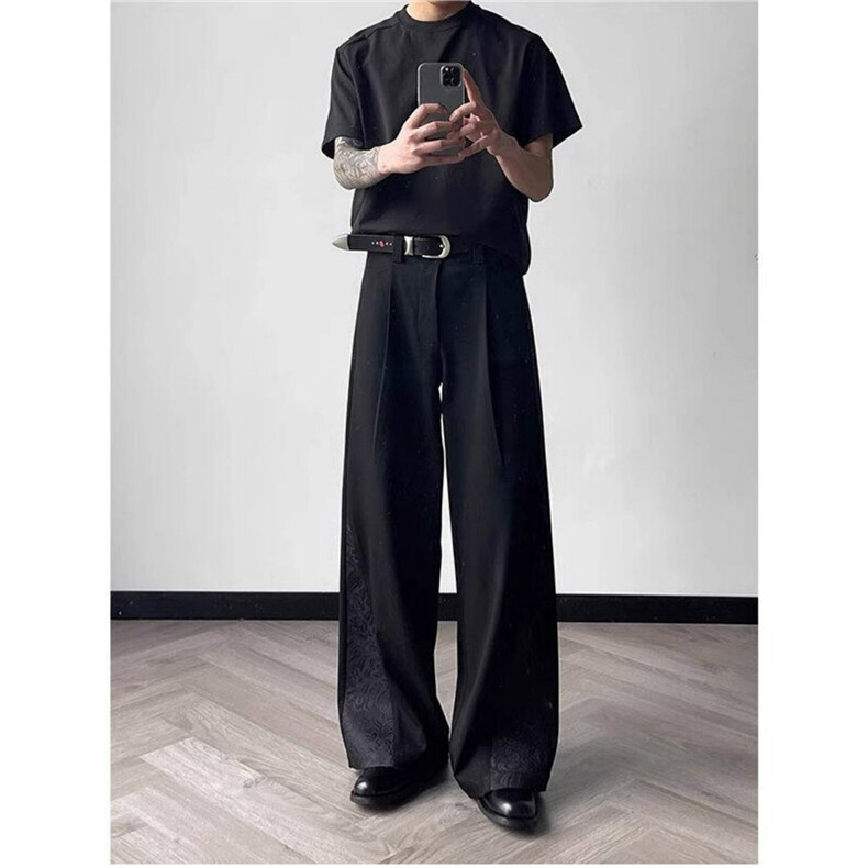 新中式复古拼接绑带设计微喇叭西裤男直筒宽松垂感休闲西装长裤子，男装西服套装，星座506A