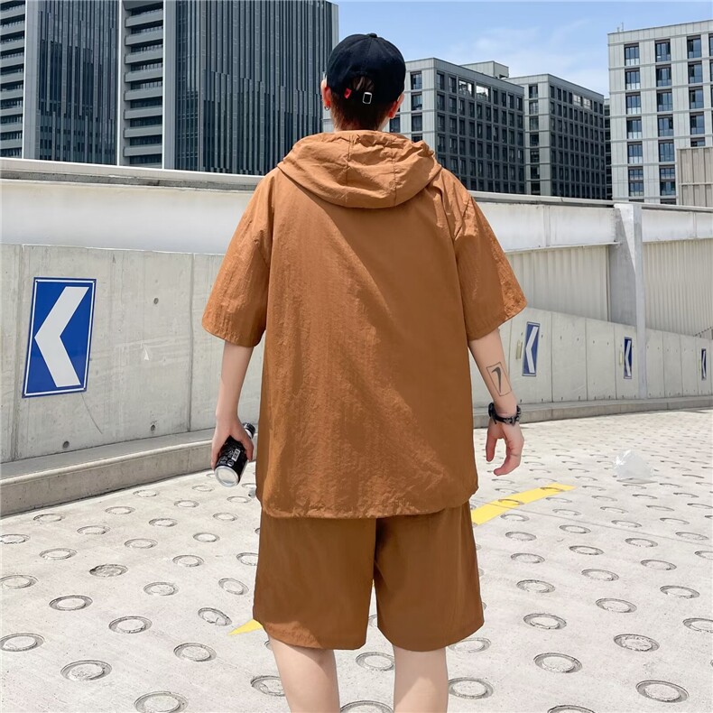 夏季两件套装冰丝速干半拉链短袖连帽衬衣男休闲宽松薄款工装短裤,男装牛仔裤,星座410-7