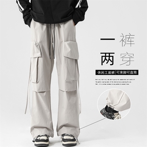 特P35无差价秋新日系复古大口袋抽绳工装束脚裤男阔腿拖地裤K1212图片