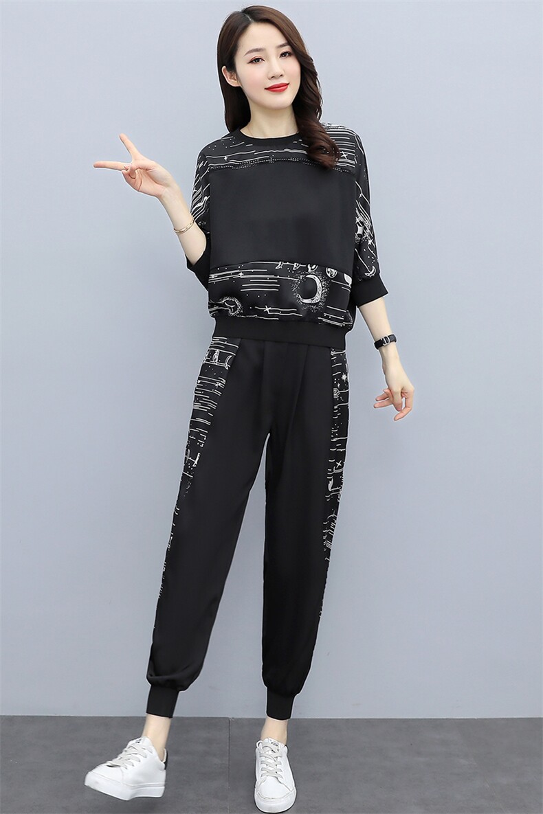 爆款大量现货2021夏装新款醋酸印花拼接撞色时尚气质套装,女装套装/套裙,奕薇雅