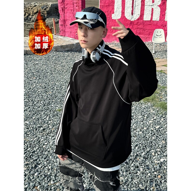 W8901加绒-P68秋冬大码纯棉男女同款两条杠加绒加厚立领卫衣,男装卫衣,星座109