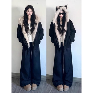 网图 座山雕秋冬季连帽猫耳朵棉衣男女情侣装棉服外套潮流 特P99图片