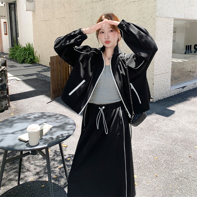 休闲减龄穿搭黑色上衣套装女春秋2025年超火好看慵懒半身裙两件套,女装套装/套裙,2C108