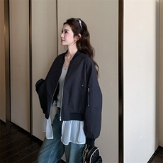 2026新款藏青色棒球服拼接网沙可脱卸夹克外套，女装短外套，纯色衣恋