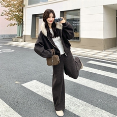 韩系毛领连帽卫衣阔腿裤套装女2025冬季新款加绒显瘦高级感两件套，女装套装/套裙，2C159