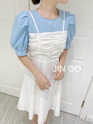 拼接连衣裙：假两件简单精致，泡泡袖遮手臂，女装连衣裙，JIN GO