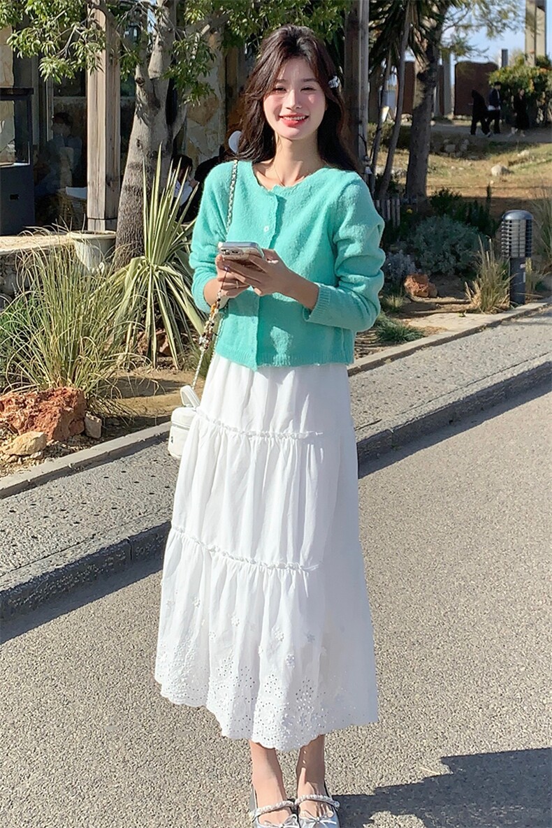 韩系甜美温柔针织开衫吊带连衣裙套装女春季欧若风夏日绝美小白裙,女装套装/套裙,3200格调