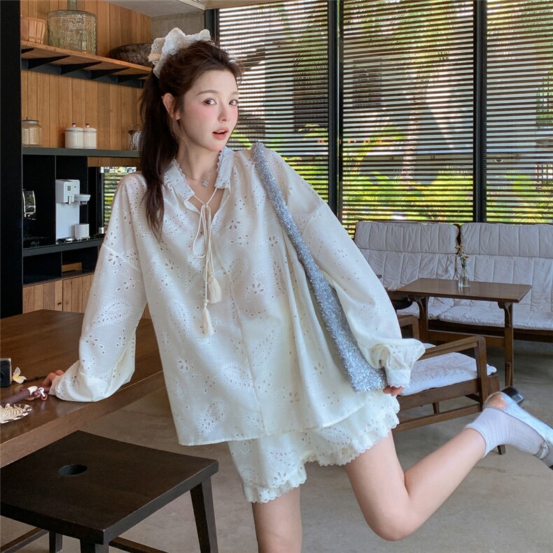 米白色镂空防晒衬衫裙裤套装女夏2025新款小个子甜美两件套巨好看,女装套装/套裙,2C201