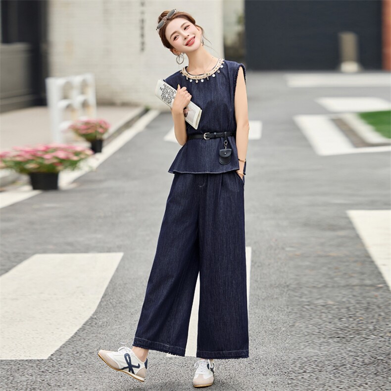 夏季薄款2025新款藏青色复古牛仔套装女无袖背心阔腿裤气质两件套,女装套装/套裙,瑶迪依秀