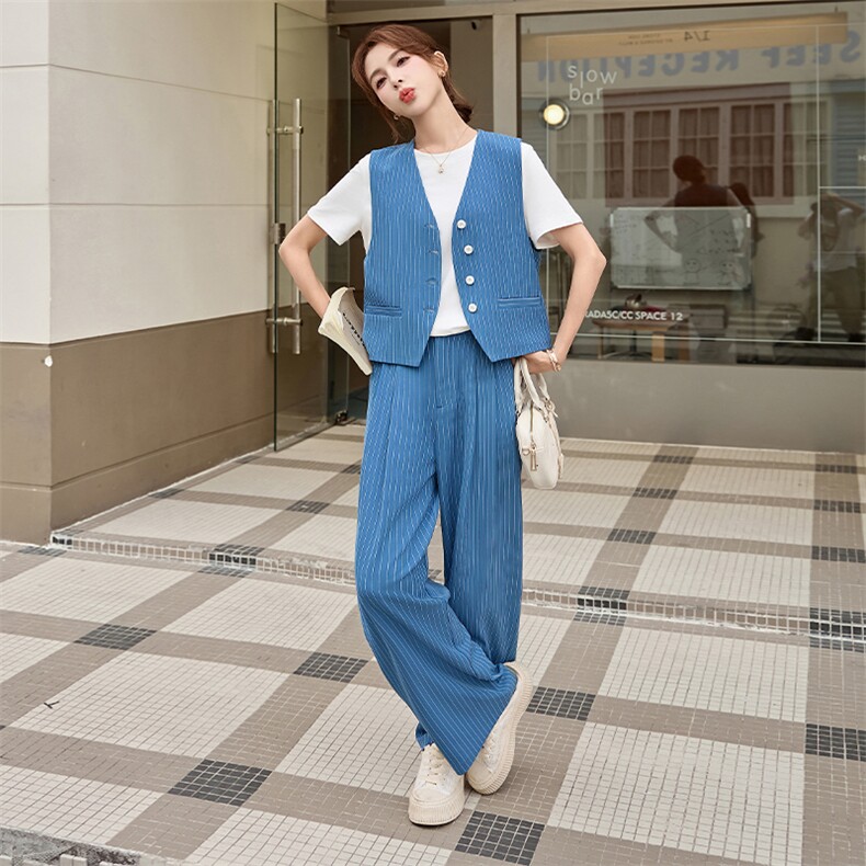 2025年夏季新款女装时尚气质条纹马甲阔腿裤三件套,女装套装/套裙,浙宝二楼003号