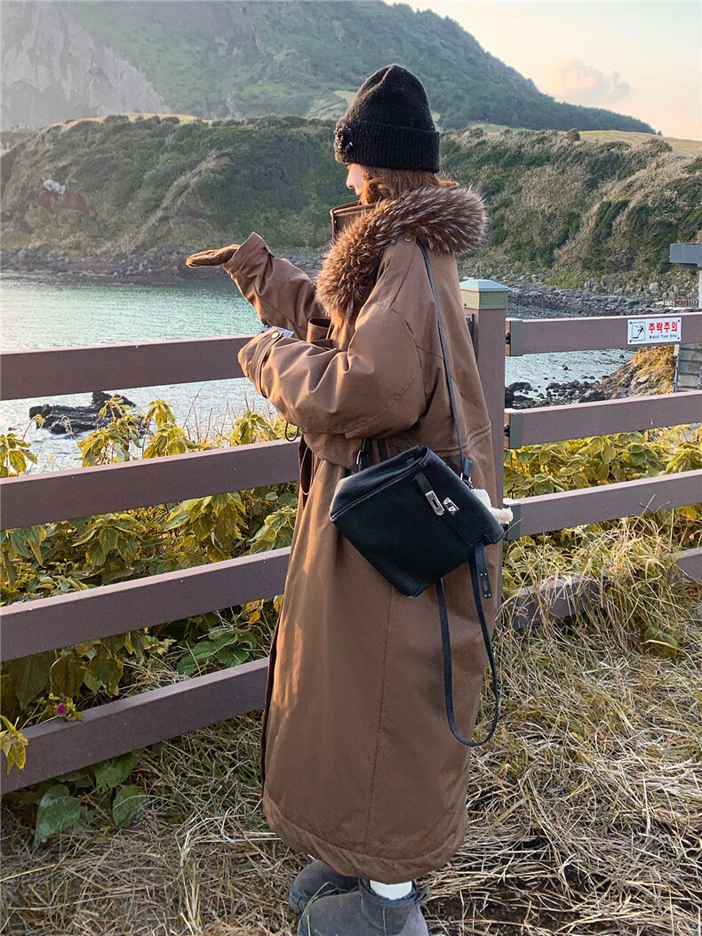 美拉德咖色大毛领派克羽绒服女冬超火好看高级感加绒加厚工装外套,女装羽绒服,2C085