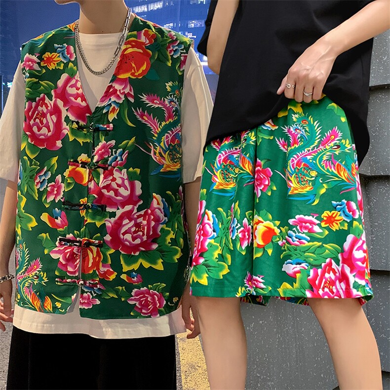 TZ02东北大花民族风风马甲短裤套装大码抖音网红同款汉服男女，男装休闲套装，星座115A(原星座507）