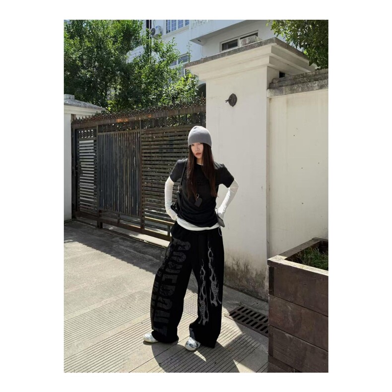 美式复古小众字母火焰飘带休闲卫裤街头设计感宽松休闲直筒阔腿裤,女装休闲裤,星座1210-1