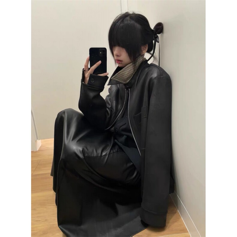 网图现货霜降裂纹PU皮千鸟格内里Cleanfit夹克外套W1397/特P85,男装夹克,电商B350