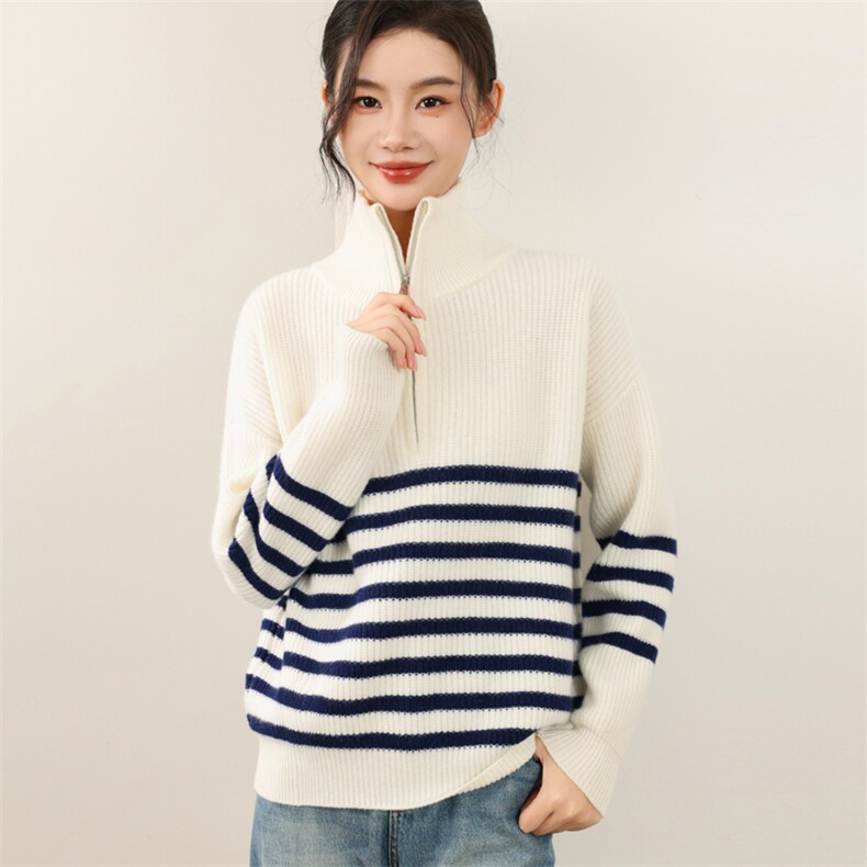 2025年秋季时尚百搭通勤简约想半拉链条纹，女装羊毛衫，锦弘羊绒