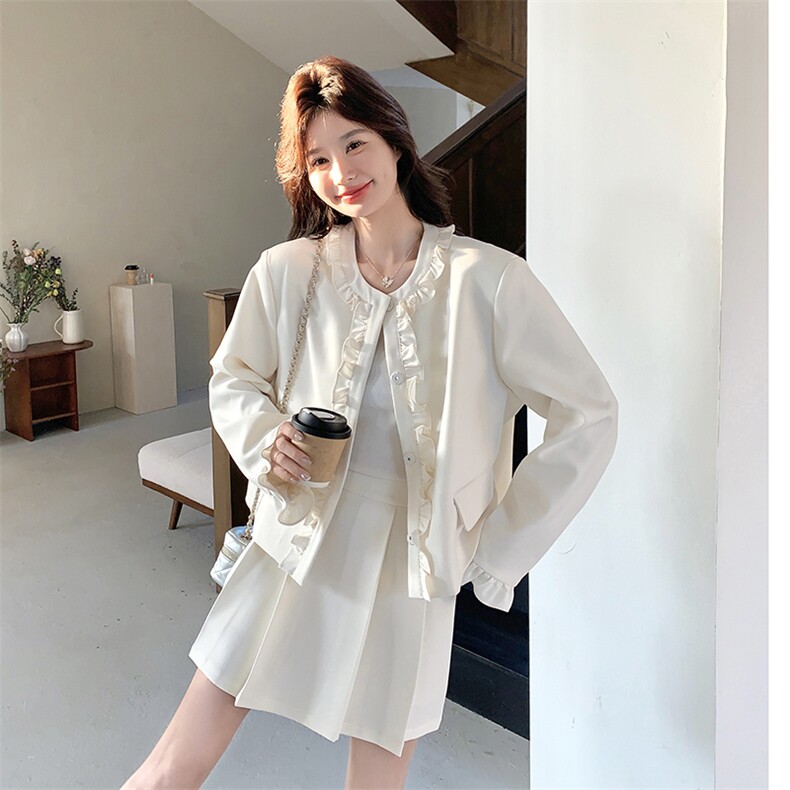 现货新款木耳边西装外套百褶裙裤两件套25016P165K238,女装套装/套裙,2D035