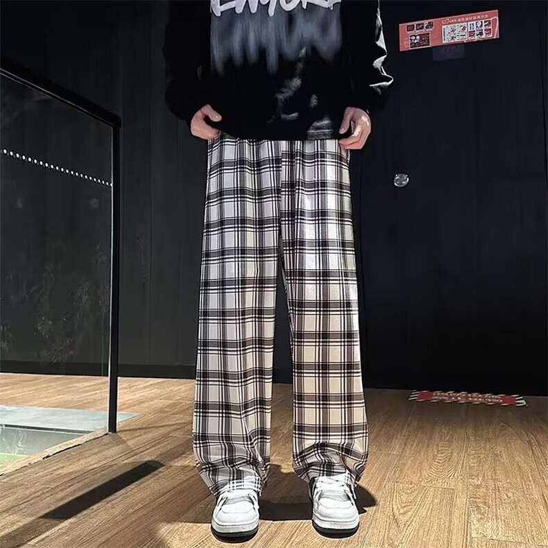美式复古休闲裤子男女新款格子垂感阔腿长裤AK871-P40,男装休闲裤,星座1109-3