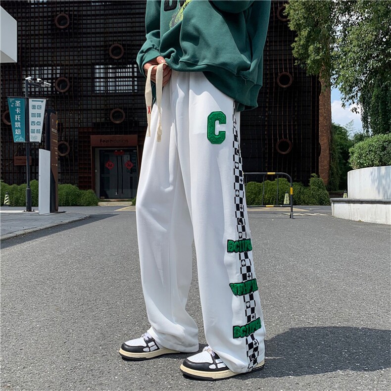 直筒休闲裤男拼接格子高街运动潮牌ins百搭青少年裤子K0304-P35,男装休闲裤,星座308B-1