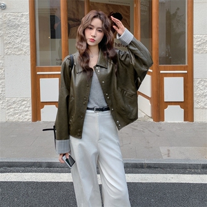 条纹拼接皮衣外套女2026秋季新款高级感炸街复古时髦机车夹克图片