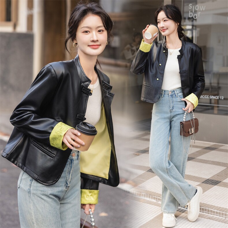 新中式盘扣皮衣外套女2025秋季新款超好看皮夹克PU拼接外套图片