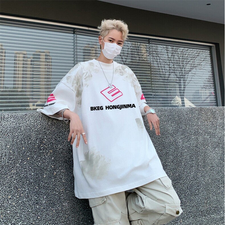 DXX7-P48美式潮牌新款废土风做脏做旧短袖夏季hiphop街头复古T恤图片